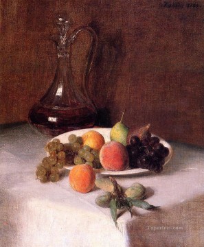  Plato Obras - Una jarra de vino y un plato de fruta sobre un mantel blanco Henri Fantin Latour